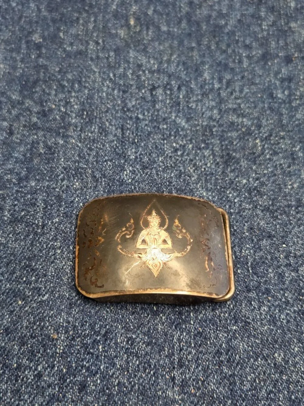 Antique Siam Sterling Silver Niello Thailand Buddha Belt Buckle 17g .925